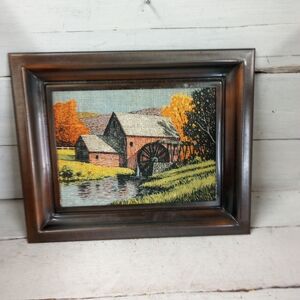 Vintage Coppercraft Guild Fall Autumn Country Mill Wall Art Burlap Style Canvas.
